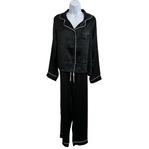 NWT Bebe Rhinestone Logo Luxury Pajamas Set Size XL Black/Pink Satin Pipe Trim